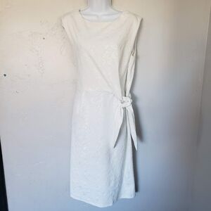 Cato Women's 14 White Cap Sleeve Midi Dress Raised Floral Waist Tie Jacquard